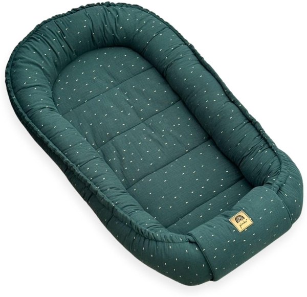 PIMKO Babynest Babynestchen für Baby Kuschelnest Babykokon für Säuglinge und Neugeborene Nestchen 60x90 cm 100% Baumwolle Musselin - (Moss Gold) Bild 3