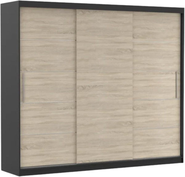 Fabryka Mebli Idźczak Schwebetürenschrank Alba Bez Lustra 250,Schiebetürenschrank,Kleiderschrank mit Kleiderstange und Einlegeboden,Schlafzimmerschrank,Schiebetüren,Modern Design (Schwarz/Sonoma)