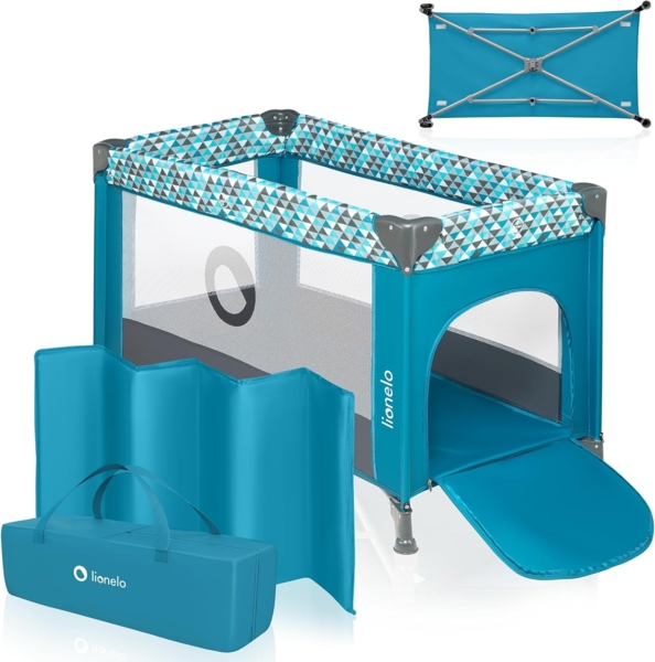 LIONELO Stefi Baby Laufstall, Kinderbett, Reisebett ab Geburt bis 15 kg, Seiteneingang, Sicherungssystem LockGuard, Blockade der Räder, Tragetasche, zusammenklappbar