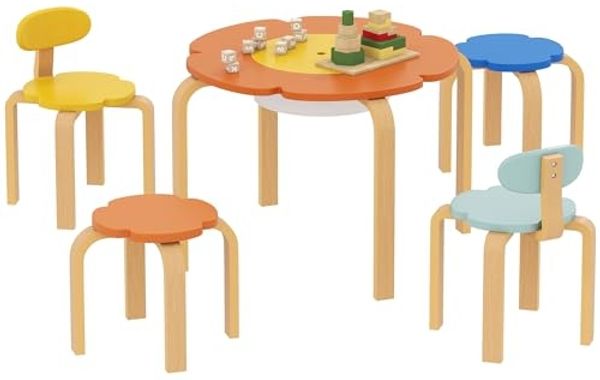 AIYAPLAY Kindersitzgruppe für Kinder von 3 bis 8 Jahren, (Kindermöbel, 5-tlg, 5-teiliges Set mit Tisch, Stühlen und Hockern), Blumenform, Mehrfarbig