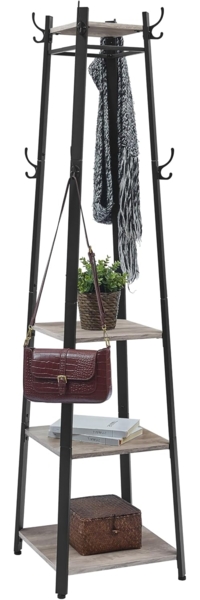 Vasagle Garderobenständer mit 3 Ablagen und Haken, Holz Greige-Schwarz, 43 x 43 x 180 cm