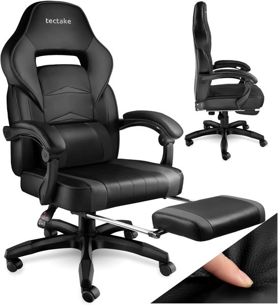 TecTake 800769 Bürostuhl mit Fußstütze, Chefsessel mit Lendenkissen, ergonomischer Schreibtischstuhl mit Armlehnen, höhenverstellbarer Gaming Stuhl - Diverse Farben - (Schwarz | Nr. 404740)