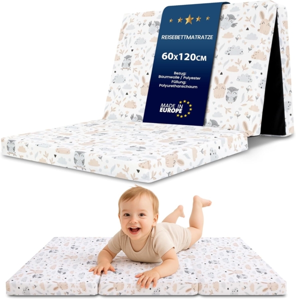 Reisebett Matratze 60x120 cm faltbar - Dicke Faltbare Matratze für Baby Klappmatratze Kinder Matratze Reisebett Eulen