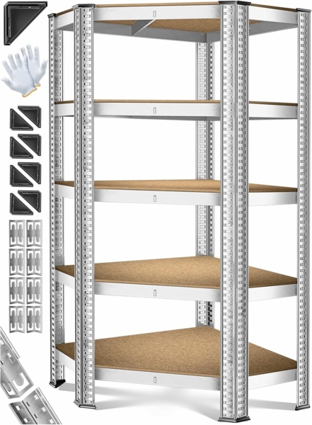 MASKO® Eckregal Lagerregal Schwerlastregal, Kellerregal, 180x75x40cm , bis 875 kg, 5 verstellbare Ablagen, MDF-Platten Regal aus Metall, Steckregal, Werkstattregal, Keller, Garage Silber