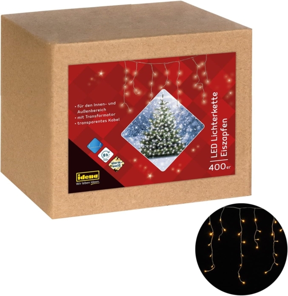Idena LED Lichter-Kette Eiszapfen mit 400 LED in Warmweiß, mit 8 Stunden Timer Funktion und Transformator, ca. 10,27 m lang, Dekoration von Garten, Balkon, Terrasse und zu Weihnachten