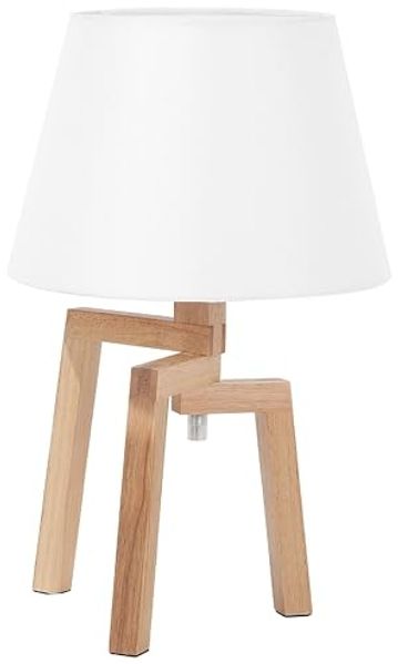 'Nalon' Tischlampe Weiß Holz 42 cm Stoffschirm Dreibeinig Kabel mit Schalter Landhausstil