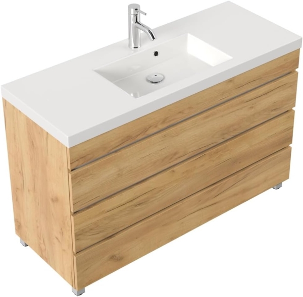 Stand Badmöbel GENEVA 120 SoftClose eiche gold mit 3 grifflosen Schubladen : Eiche Gold