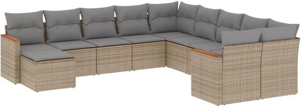 vidaXL 11-tlg. Garten-Sofagarnitur mit Kissen Beige Poly Rattan 3258972