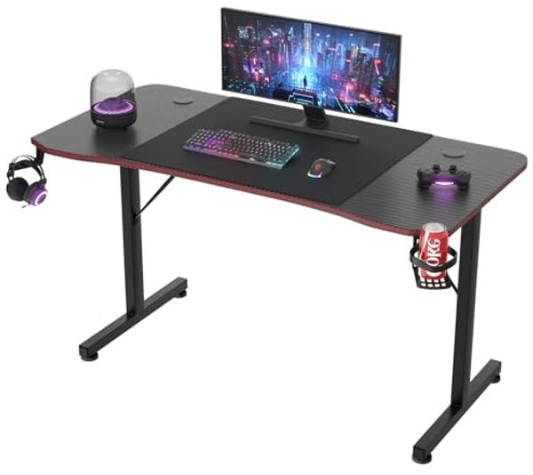 JUMMICO Gaming Schreibtisch mit Kabelführungsfach, Kopfhörerhaken & Getränkehalter, 140x60 cm, Schwarz