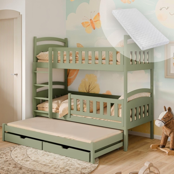 Kids Collective Etagenbett Hochbett Stockbett Kinderbett 90x200 cm mit Ausziehbett und Schubladen (mit drei Matratzen inklusive), Umbaubar zu 3 Einzelbetten mit Lattenrosten & Rausfallschutz, Olivgrün