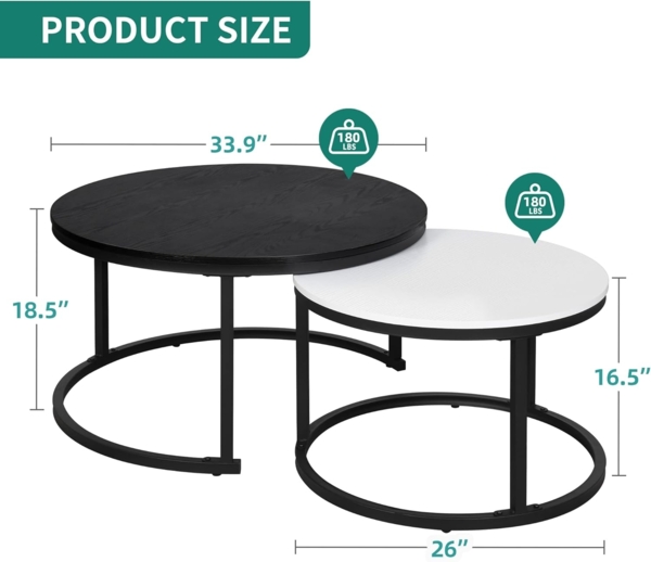 YITAHOME Couchtisch 2er Set Rund, Wohnzimmertisch Modern 86 x 86 x 48 cm, Stapelbar, mit Stauraum, Holzplatte, Metallrahmen, Beistelltisch,Center Tisch für Wohnzimmer, Heimbüro, Tragfähigkeit 80kg Bild 2