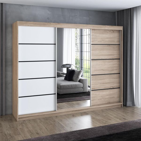 A&J MöbelLand GmbH Schiebetürenschrank VILUNO mit 4 Schubladen und Spiegel (TOP ANGEBOT! Geräumiger Schrank mit einer Breite von 200 cm und Spiegel, ideal zur Aufbewahrung von Kleidung und Accessoires. 4 Schubladen und viel Stauraum. TOP PRODUKT! Wähle...