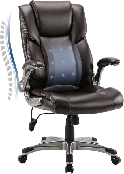 COLAMY Bürostuhl Ergonomisch, Chefsessel mit Hoher Rückenlehne, Schreibtischstuhl Lederstuhl mit Gepolsterten Klapparmlehnen, Verstellbarer Neigungsverschluss, Drehstuhl für Erwachsene, Braun