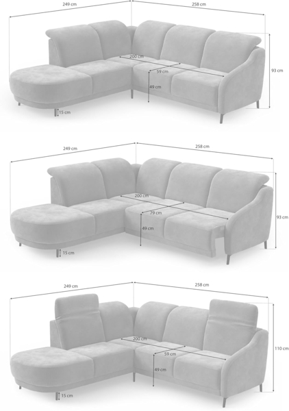 CAVADORE Ecksofa Blue/Eckcouch im modernen Design, inklusiv Kopfteilverstellung, Vorziehsitz motorisch, Klapptisch und mattschwarzen Metallfüßen / 258 x 93 x 249 / Flachgewebe, Mittelgrau Bild 3