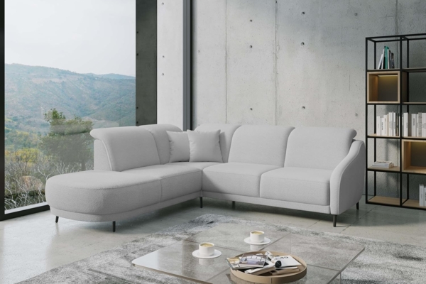 CAVADORE Ecksofa Blue/Eckcouch im modernen Design, inklusiv Kopfteilverstellung, Vorziehsitz motorisch, Klapptisch und mattschwarzen Metallfüßen / 258 x 93 x 249 / Flachgewebe, Mittelgrau Bild 2