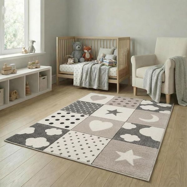 Kinderteppiche Patchwork Herz Sterne Wolke | Kinderteppich für Mädchen und Jungs | Teppich für Kinderzimmer | Farbe: Blau, Grau & Rosa | Schadstofffrei Kinderzimmerteppich , Grau , 160x230 cm