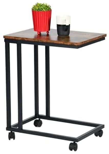 FurnitureR Beistelltisch in C-Form, industrielles Design, Struktur aus Holz und Metall, Wohnzimmer und Schlafzimmer, tragbar und platzsparend, Rollen für einfache Mobilität, 50 x 35 x 60 cm