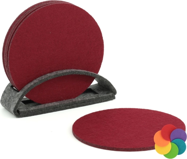 BIASTO Getränkeuntersetzer 6er Set Bordeaux Filz-Untersetzer 10cm + Aufbewahrung, Zubehör für Gläser, Vasen, Tassen, Teller, Tische, Gläser, Weingläser, Cocktails, Flaschen, Schalen, Tischdeko, Set, Abmessung BxHxT: ca. 10x10x4cm, Hergestellt in Deutsc...