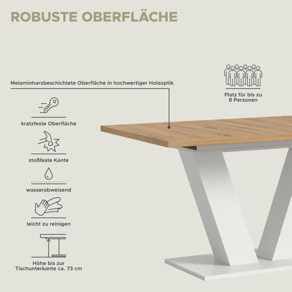 Ausziehbarer Esstisch (B/H/T): 150-190x76x80 in Artisan Nachbildung und weiß Nachbildung mit Y-Fußgestell Bild 8