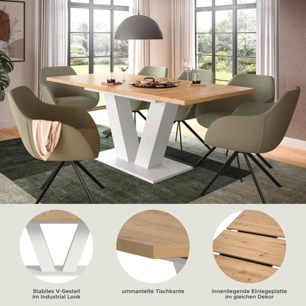 Ausziehbarer Esstisch (B/H/T): 150-190x76x80 in Artisan Nachbildung und weiß Nachbildung mit Y-Fußgestell Bild 7