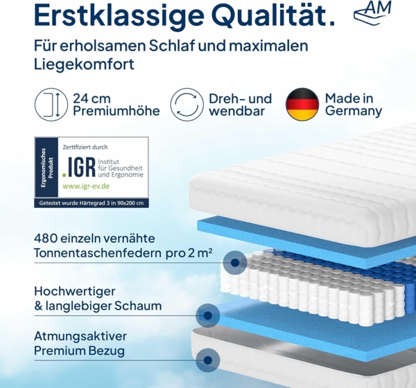 AM Qualitätsmatratzen Hochwertige 7-Zonen Taschenfederkernmatratze 100x190 cm - 24 cm Premiumhöhe - Tonnentaschenfederkernmatratze 100x190 cm - H2 Bild 3
