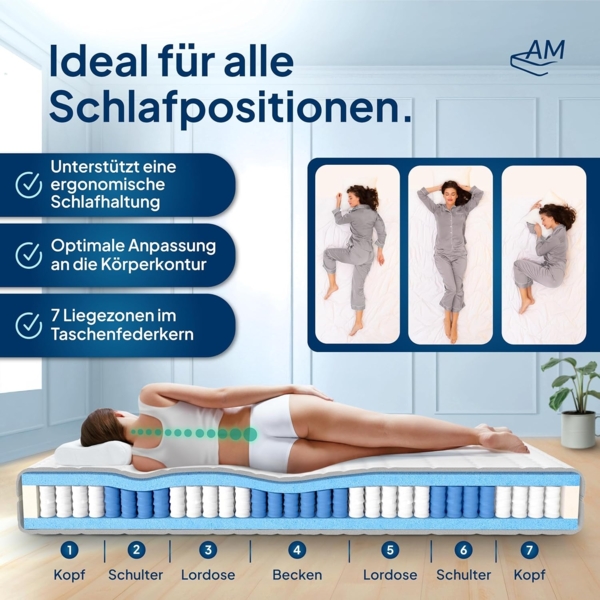 AM Qualitätsmatratzen Hochwertige 7-Zonen Taschenfederkernmatratze 100x190 cm - 24 cm Premiumhöhe - Tonnentaschenfederkernmatratze 100x190 cm - H2 Bild 2
