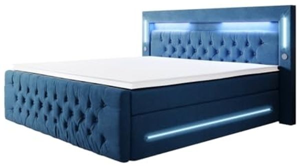 Boxspringbett Moonlight mit LED, USB und Stauraum 140x200 Blau H3