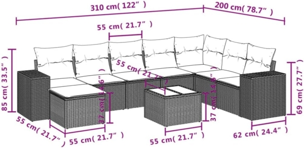 vidaXL 9-tlg. Garten-Sofagarnitur mit Kissen Grau Poly Rattan 3255307 Bild 3