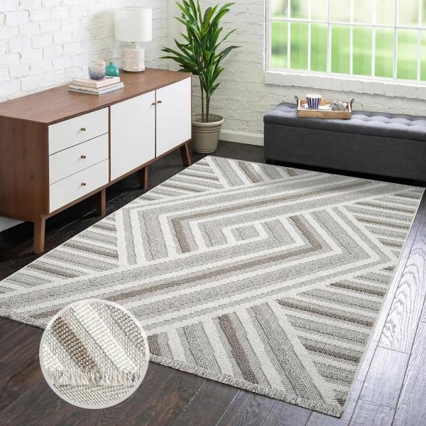 carpet city Teppich Kurzflor Wohnzimmer - Grau, Beige - 160x230 cm - Teppiche Fransen Boho-Style - Geo-Muster - Schlafzimmer, Esszimmer