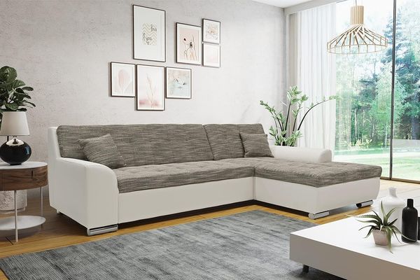 DOMO. collection Treviso Ecksofa | Sofa mit Schlaffunktion in L-Form, Kunstleder, grau/weiß, 267 x 178 x 83 cm