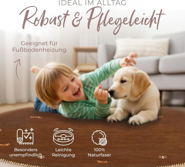 carpetfine Wollteppich Gabbeh Uni, rund, Höhe: 15 mm, reine Wolle handgewebt, Gabbeh Tiermotiv warmes Raumklima viele Größen Bild 5