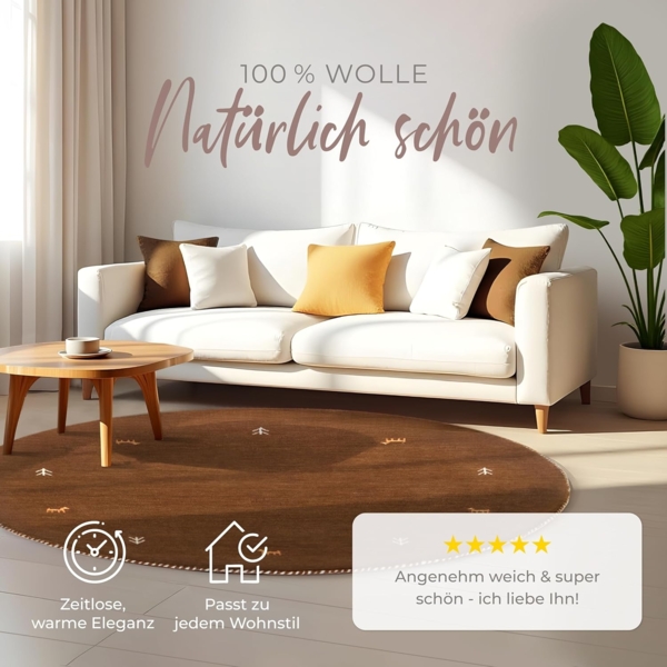 carpetfine Wollteppich Gabbeh Uni, rund, Höhe: 15 mm, reine Wolle handgewebt, Gabbeh Tiermotiv warmes Raumklima viele Größen Bild 2