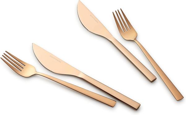 Echtwerk Pizzabesteck-Set, Pizzaset, Steakbesteck, Essbesteck 4-teilig 2 Personen, Mit 2 Pizzamessern und 2 Pizzagabeln aus Edelstahl Bronze