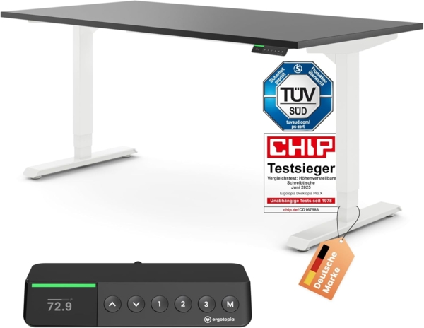 Desktopia Pro X - Elektrisch höhenverstellbarer Schreibtisch / Ergonomischer Tisch mit Memory-Funktion, Schwarz, Gestell Weiß, 120x80 cm