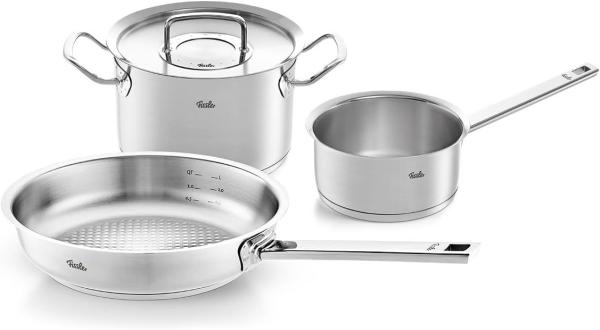 Fissler Original-Profi Collection / Edelstahl-Kochtopfset, 3-teilig, Topf mit Metall-Deckel (1 Kochtopf,1 Pfanne-unbeschichtet, 1 Stielkasserolle-deckellos) - Induktion