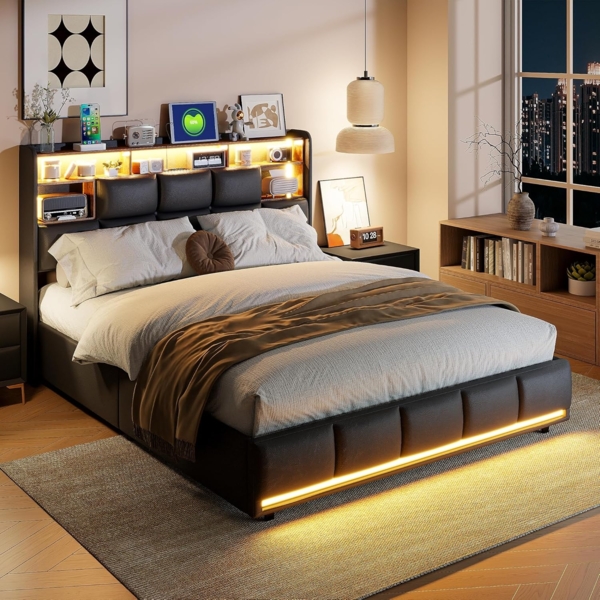 PXloue Polsterbett Doppelbett Jugendbett (Kopfteil mit Stauraum), Stauraumbett, mit LED Beleuchtung und Lattenrost, 160x200 cm