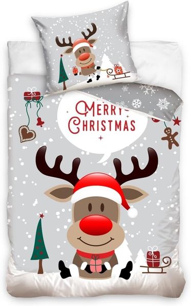 MTOnlinehandel Bettwäsche Weihnachten "Rentier mit roter Nase" Merry Christmas Winter Bettwäsche, Renforcé, 2 teilig, 135x200 + 80x80 cm 2 tlg, 100 % Baumwolle in Renforcé