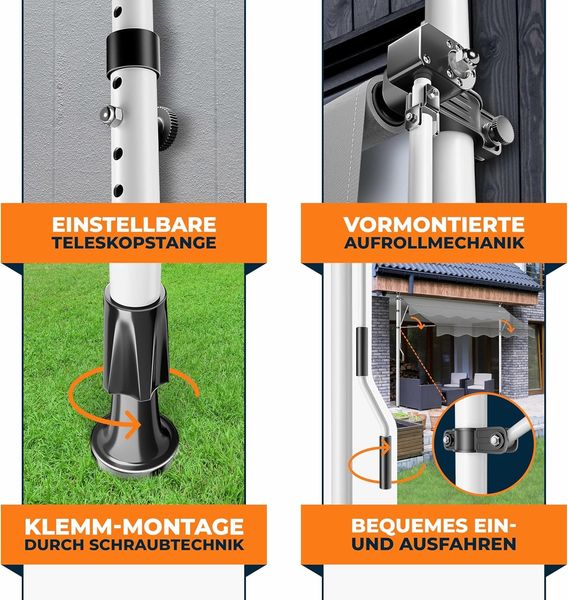 KESSER® Klemmmarkise mit Handkurbel & LED Lichterkette | Balkonmarkise ohne Bohren | Markise UV-beständig höhenverstellbar & wasserabweisend | Sonnenschutz für Balkon Terrasse & Garten Grau, 200cm Bild 3