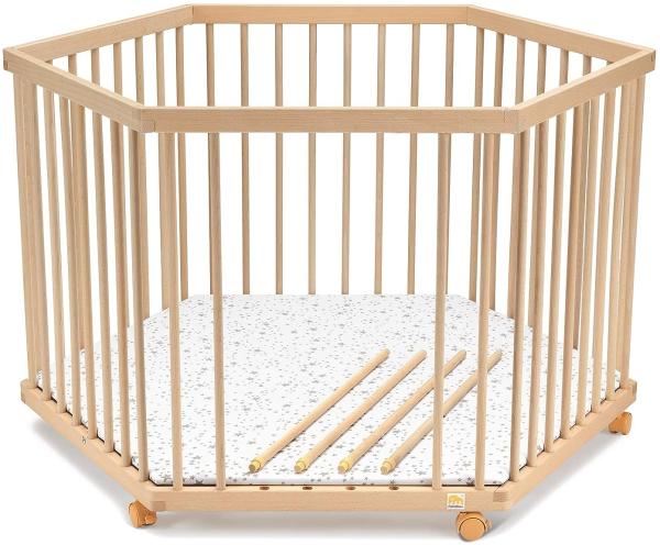 FabiMax 4729 Laufgitter 6-eckig, Natur, Buche massiv, höhenverstellbar, Schlupfsprossen, Parkettrollen