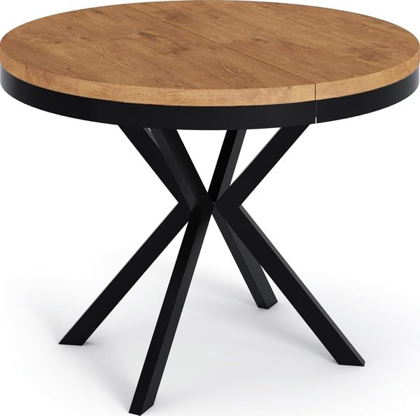 WFL GROUP Esstisch Ross ausziehbar rund industrial mit schwarzen Metallbeinen (MADE IN EU, erhältlich in 3 Größen – 90/100/120 cm ausziehbar auf 170/180/200 cm), platzsparender Tisch in Holzoptik für Küche, Esszimmer oder Wohnzimmer
