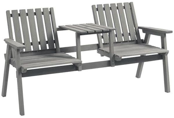 Outsunny Gartenbank mit Regenschirmloch, Sitzbank, 2 Stühle (Sitzgruppe, 1-St, Gartenmöbel), Massivholz, Grau, 152 x 70 x 83 cm