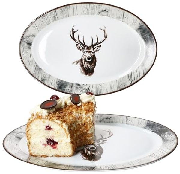 MamboCat Servierplatte 2x Alois Servierplatte oval Porzellan 35,5x24,3cm Hirsch Grill-Teller, Porzellan
