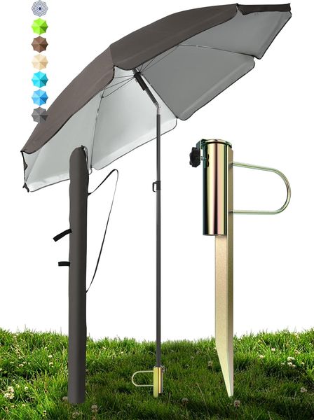 Menz Sonnenschirm Strand Ø 180 cm in Taupe, 3er Set – Strandschirm windfest stabil + Schirmhülle + Rasendorn Sonnenschirmhalter, UPF 50+ Sonnenschirm mit Rasendorn für Garten, Schirmspieß