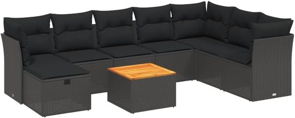 vidaXL 9-tlg. Garten-Sofagarnitur mit Kissen Schwarz Poly Rattan 3264758