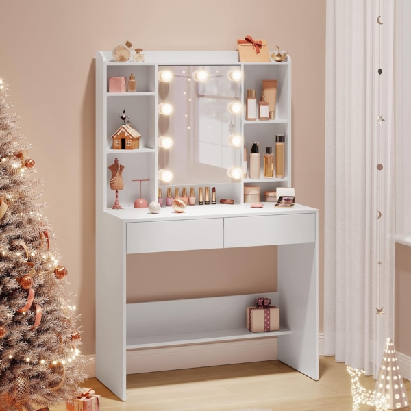 Vasagle Schminktisch mit LED-Lichterkette, einstellbare Helligkeit, Holzspanplatte wolkenweiß, 40 x 90 x 144,7 cm Bild 2