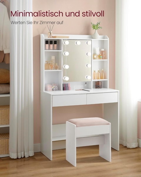 Vasagle Schminktisch mit LED-Lichterkette, einstellbare Helligkeit, Holzspanplatte wolkenweiß, 40 x 90 x 144,7 cm Bild 7