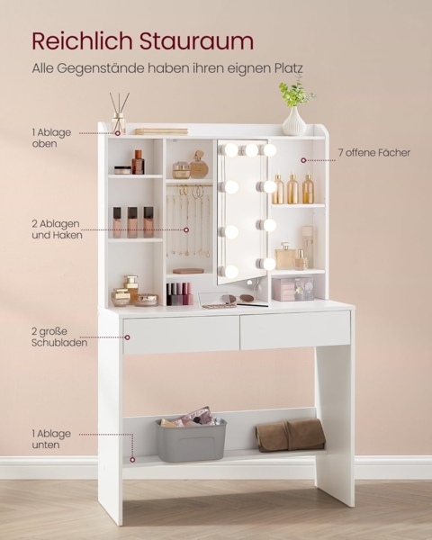 Vasagle Schminktisch mit LED-Lichterkette, einstellbare Helligkeit, Holzspanplatte wolkenweiß, 40 x 90 x 144,7 cm Bild 5