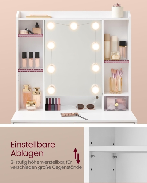 Vasagle Schminktisch mit LED-Lichterkette, einstellbare Helligkeit, Holzspanplatte wolkenweiß, 40 x 90 x 144,7 cm Bild 6