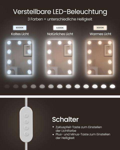 Vasagle Schminktisch mit LED-Lichterkette, einstellbare Helligkeit, Holzspanplatte wolkenweiß, 40 x 90 x 144,7 cm Bild 8