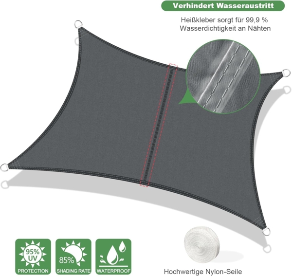 AXT SHADE Sonnensegel Wasserdicht Rechteckig 4x6 m Wetterschutz Sonnenschutz PES Polyester mit UV Schutz für Terrasse Balkon Garten-Grau Anthrazit(Wir Machen Sondergrößen) Bild 2